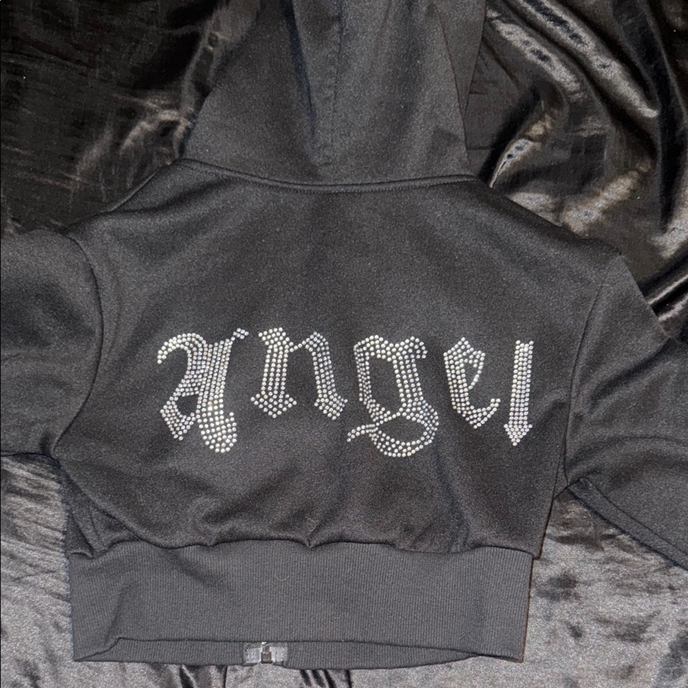 SHEIN Black Hoodie with Rhinestone Angel Design
